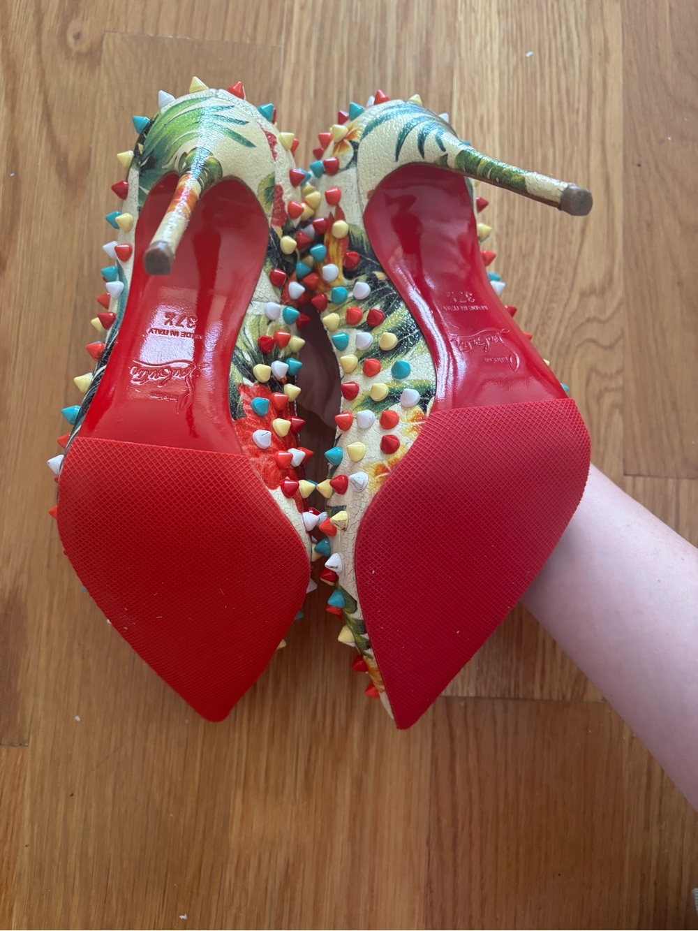 Christian Louboutin Hawaii Multicolor Follies Spike 120 Pointed Toe Pump 37.5 - Picture 4 of 11